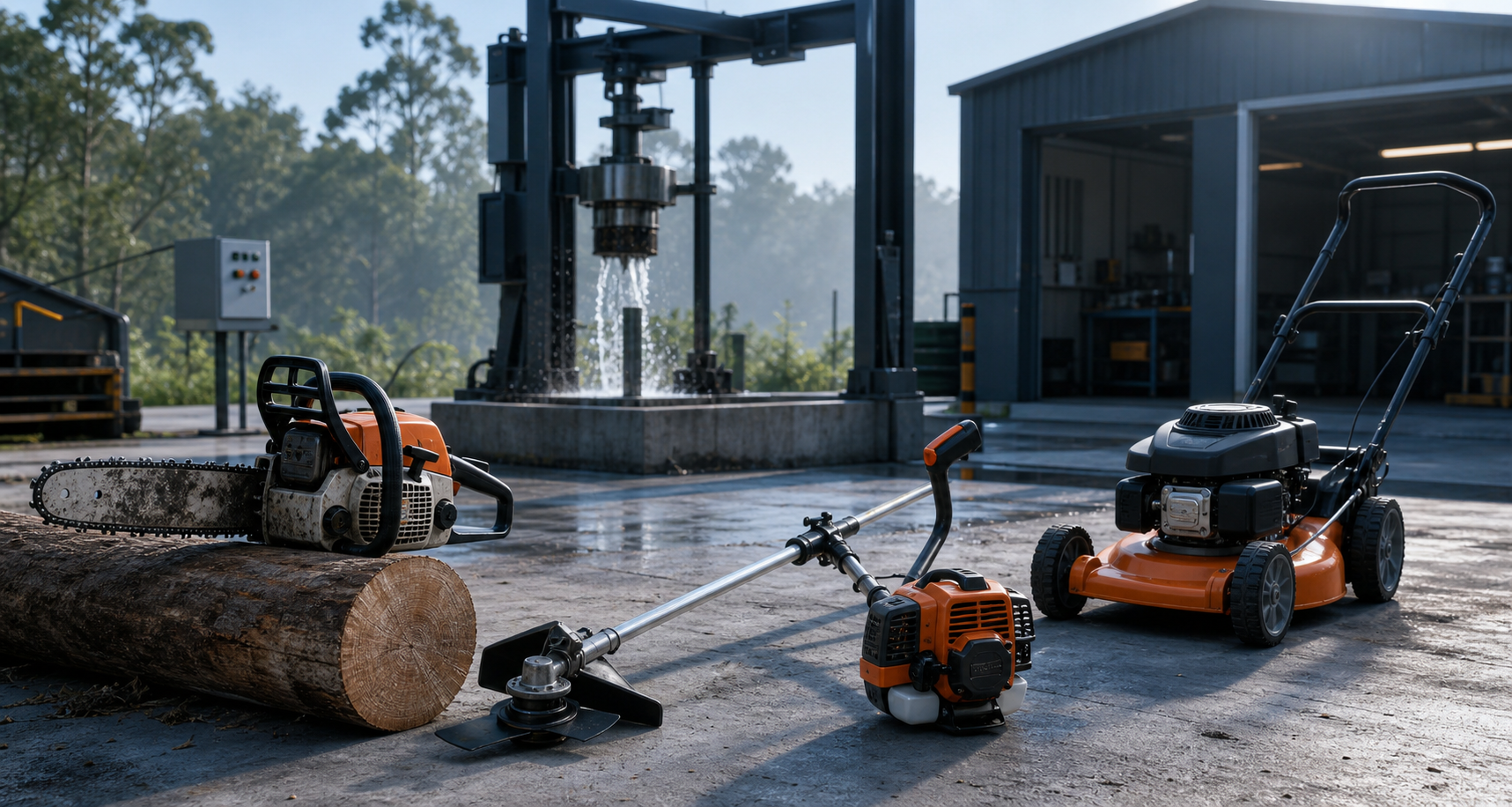 Illustrated outdoor power equipment including chainsaw, brush cutter and lawn mower
