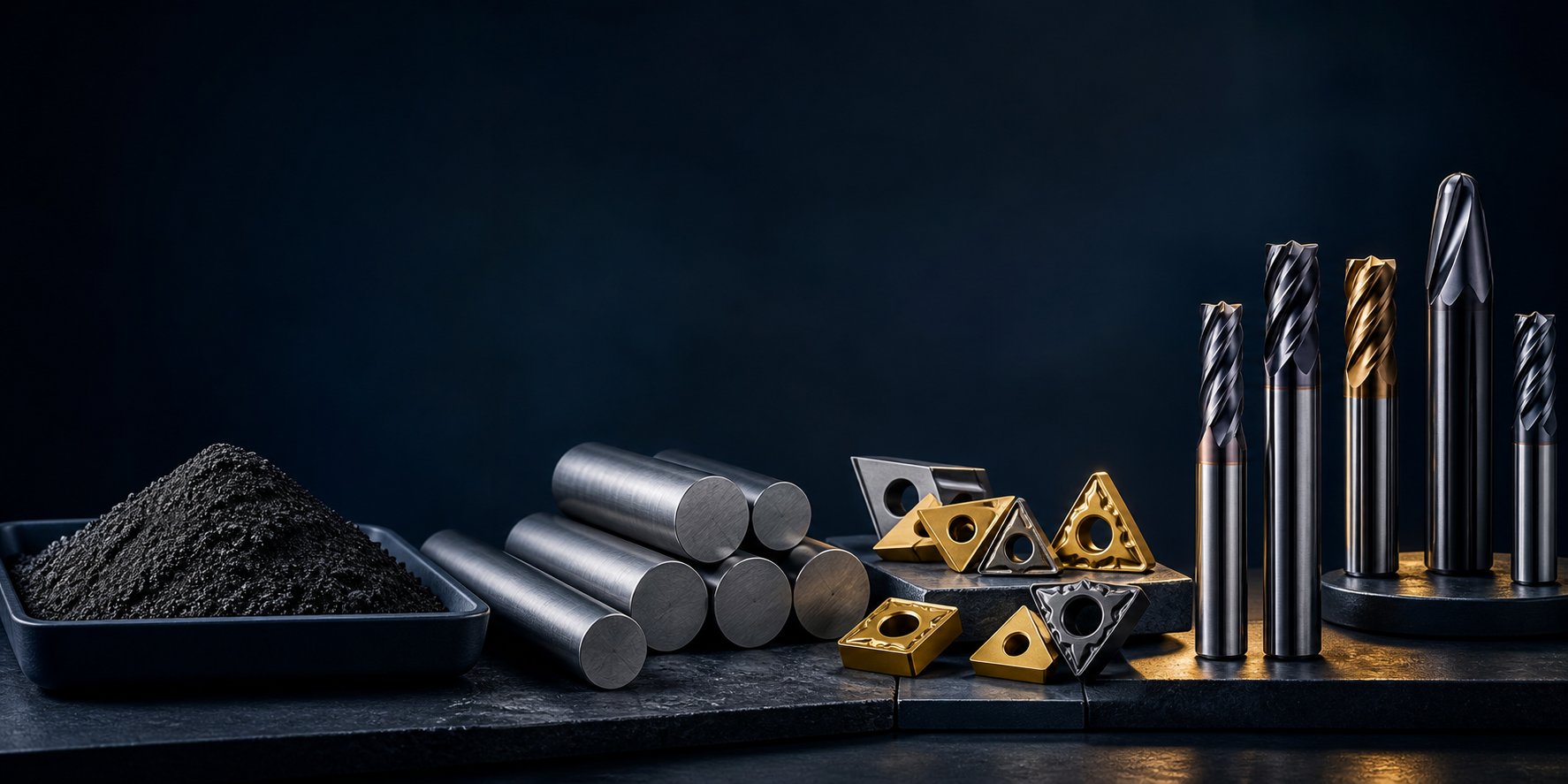Illustrated tungsten material chain from powder and carbide rods to precision cutting tools