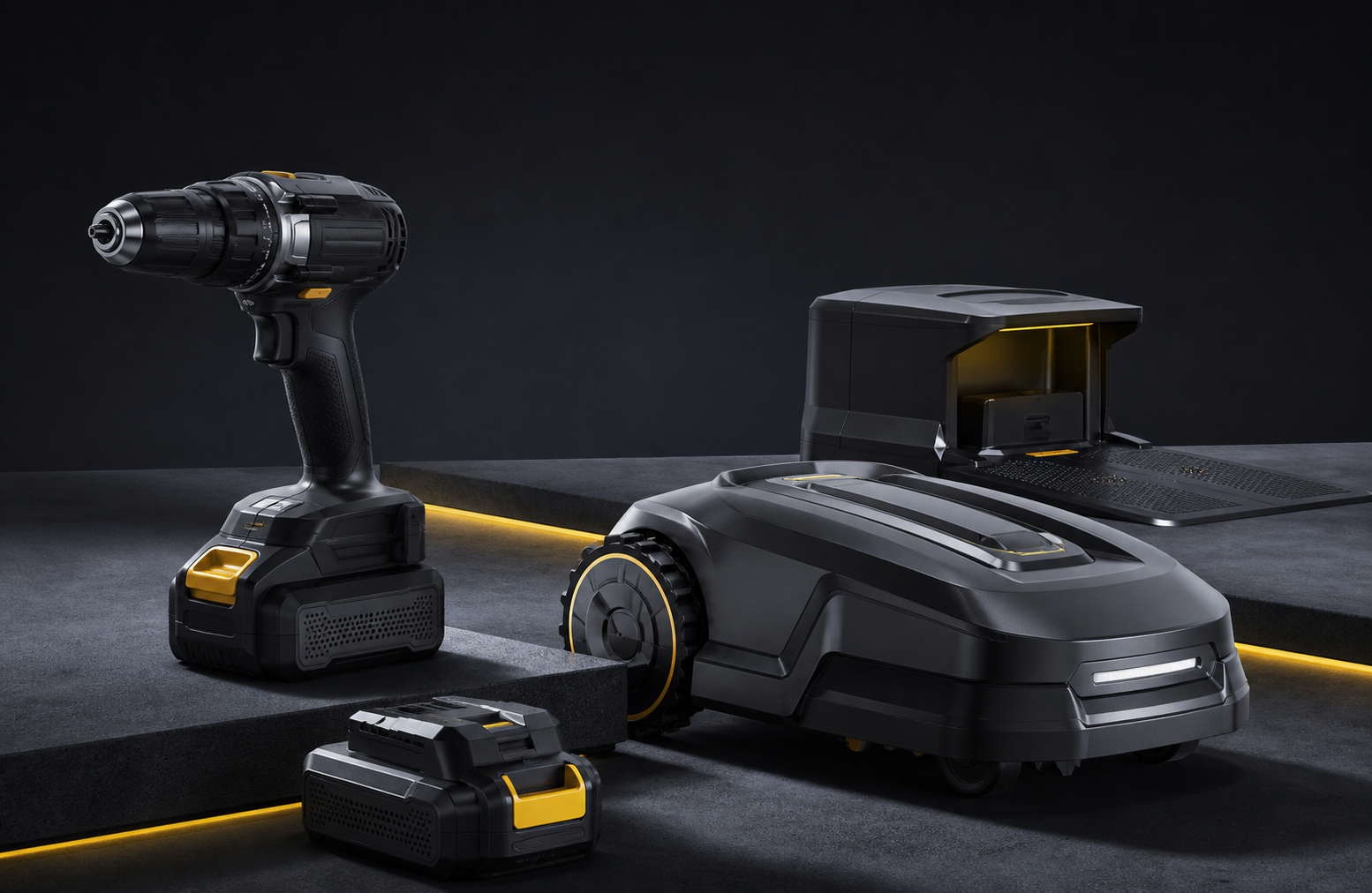 Illustrated professional power-tool, battery and robotic mower product platform