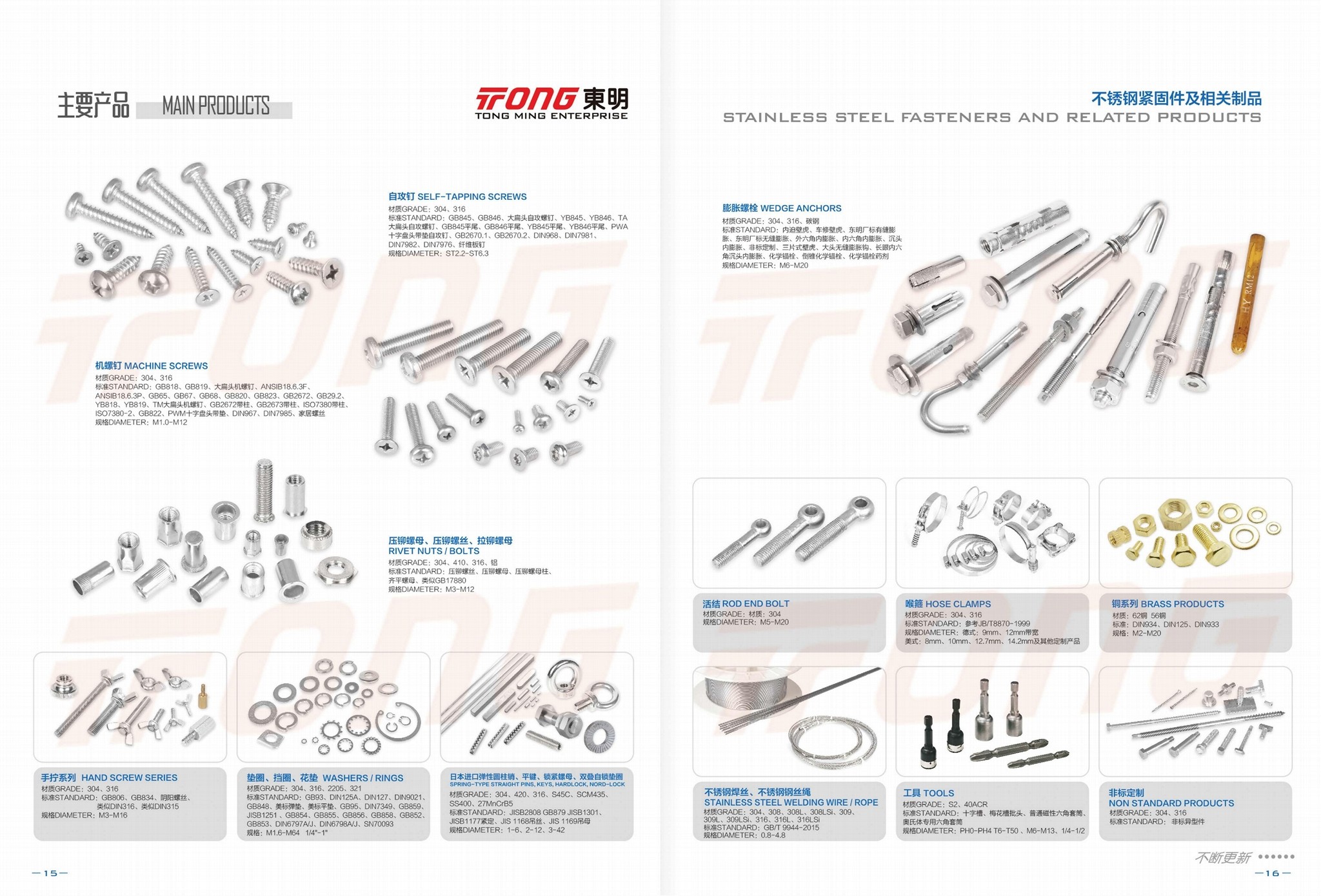 Third-party published TONG product catalogue showing self-tapping screws, machine screws, rivet nuts, anchors, washers and related fasteners
